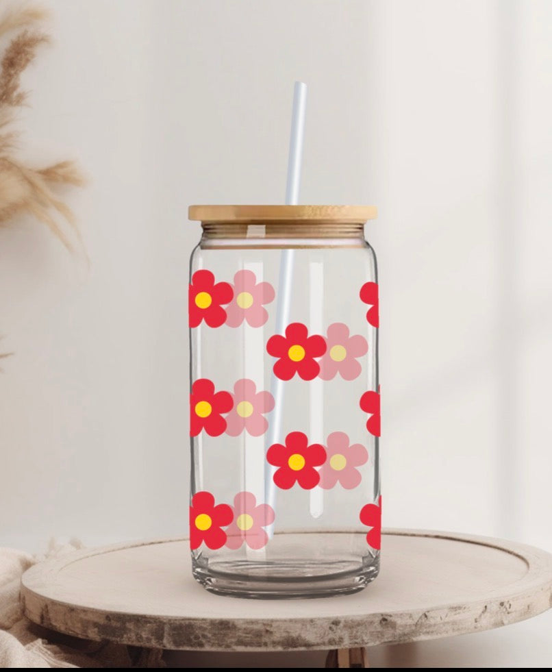 Red Flower Glass Iced Coffee Cup