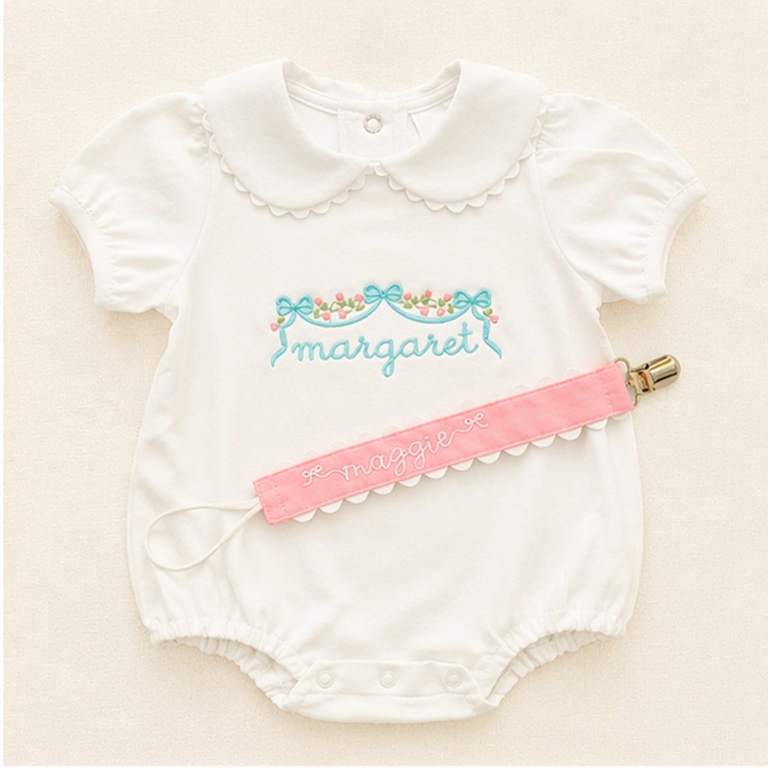 personalized scalloped heirloom baby bubble and pacifier clip