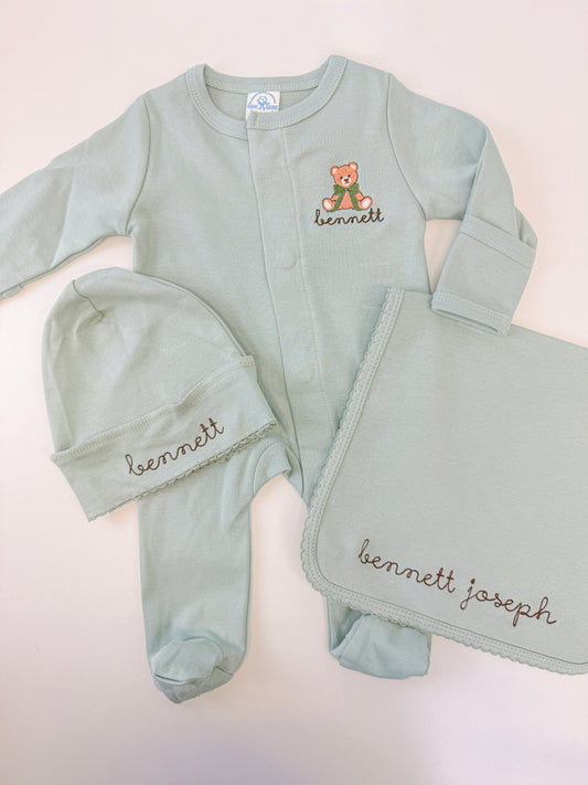 Personalized Teddy Bear Magnetic Baby Footie Set