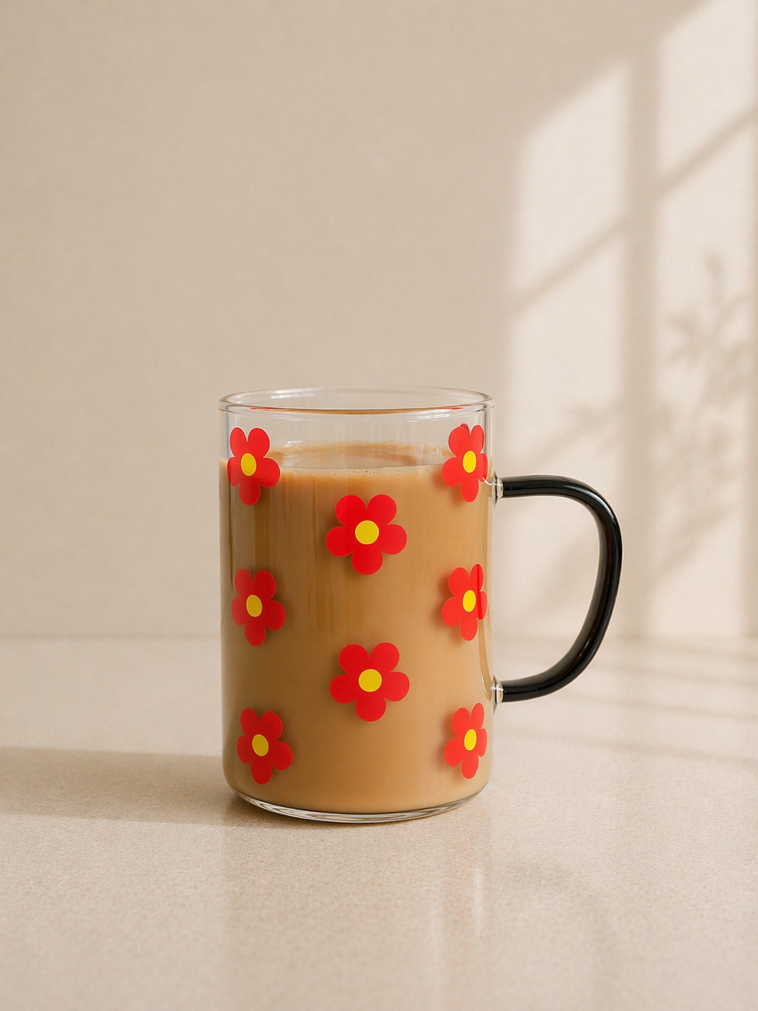 Red Flower Glass Coffee Mug
