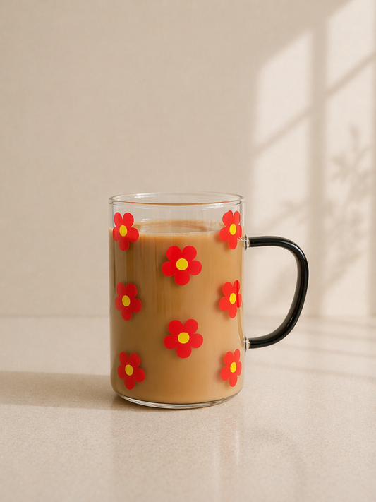 Red Flower Glass Coffee Mug