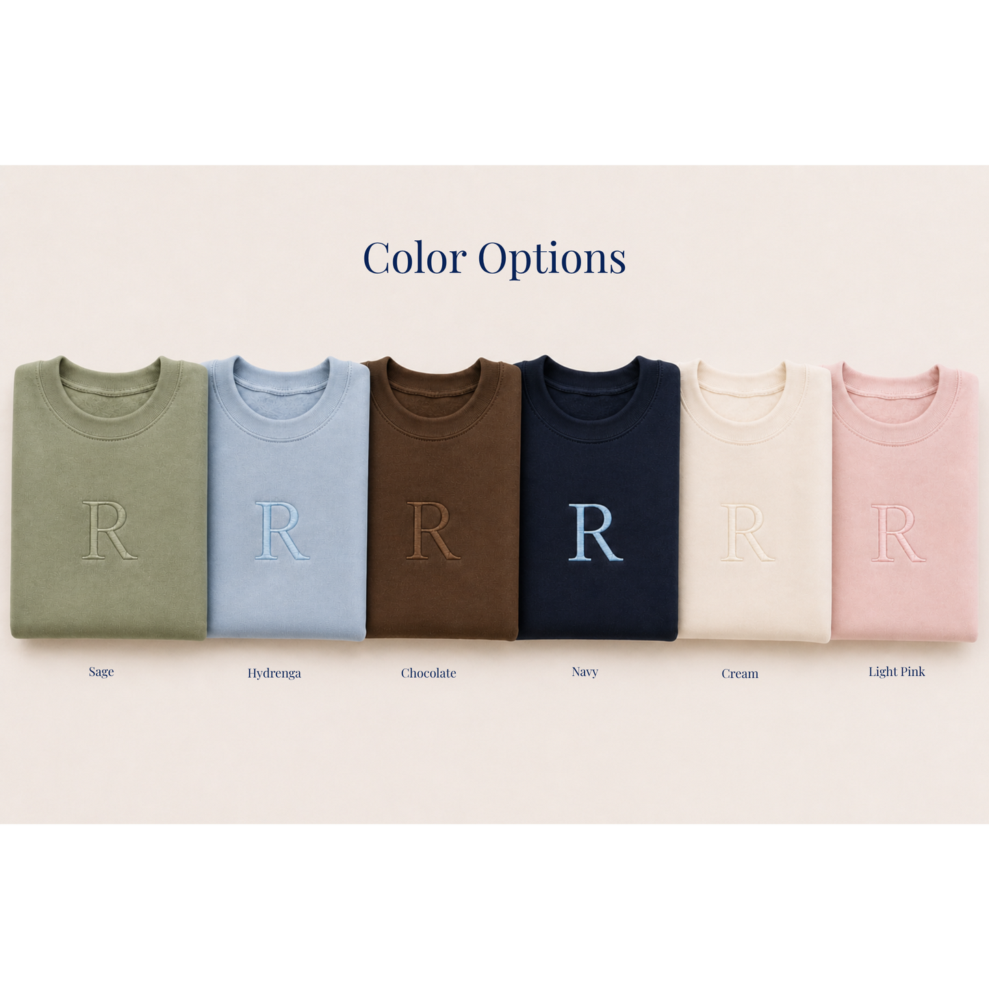 Row of folded shirts in various colors with 'R' logos on a beige background