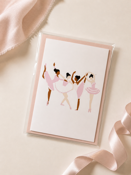 Greeting card with ballerina design on a light pink background