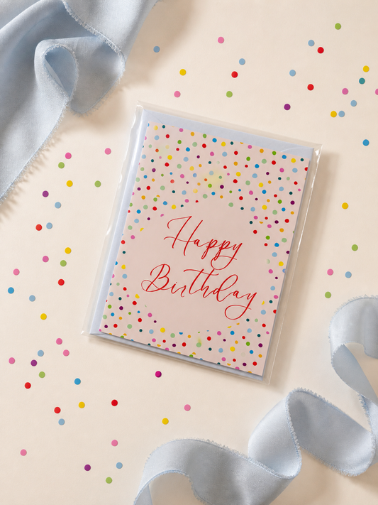Happy Birthday card with colorful polka dots and ribbons on a beige background