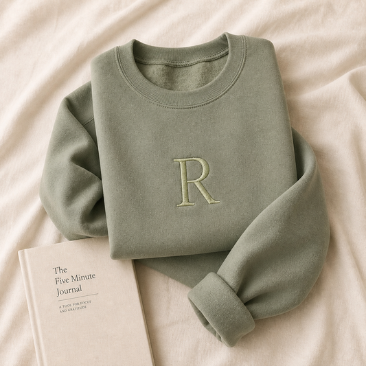 Sage green embroidered initial sweatshirt with tone-on-tone monogram on a soft neutral background