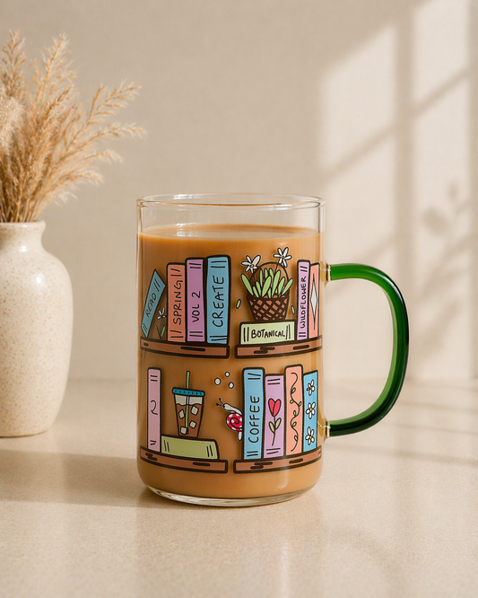 clear glass coffee mug with illustrated bookshelf and books design being held in hand with candle and books in background