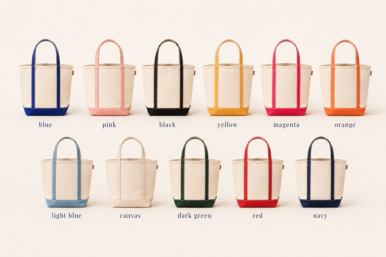 Canvas boat tote bags available in multiple trim colors including navy, green, red, pink, black, blue, yellow, orange, and light blue.