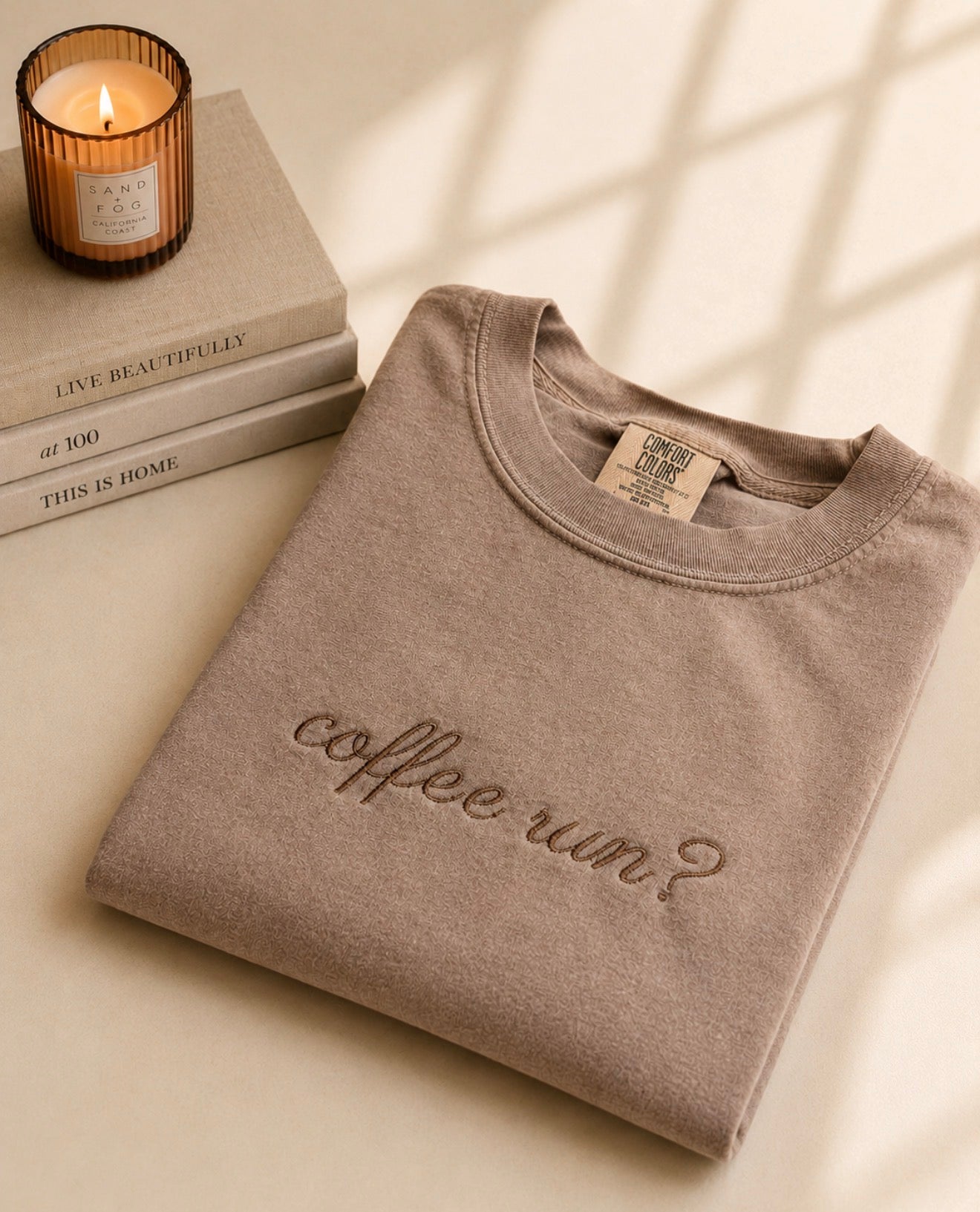 Espresso Comfort Colors t-shirt featuring a minimalist embroidered Coffee Run design in cream thread.