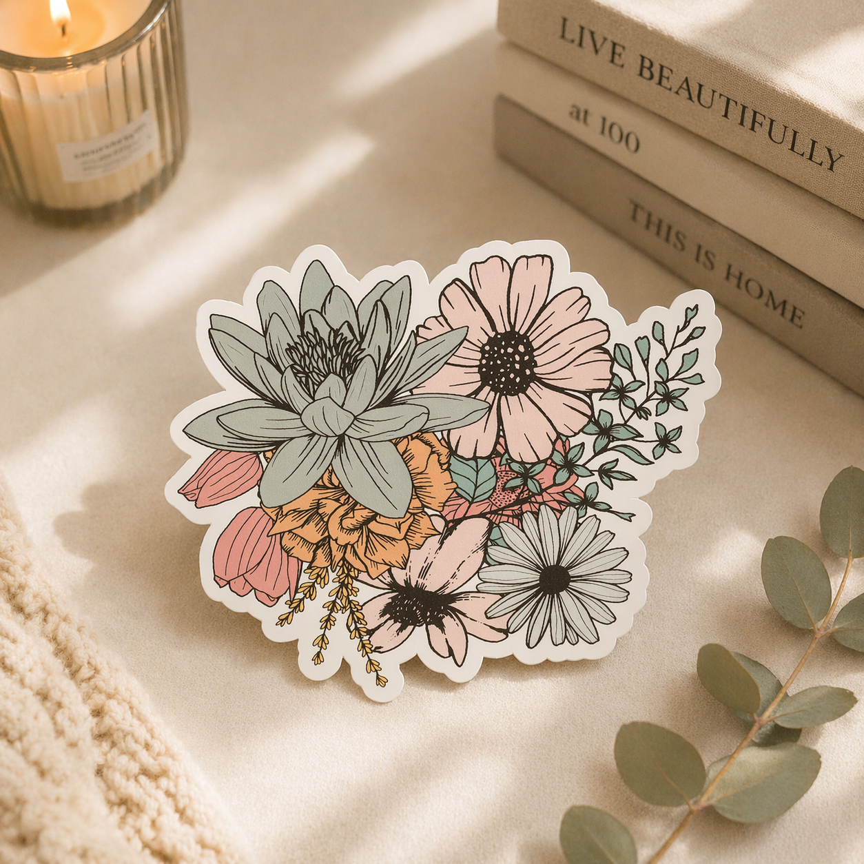 Cute floral daisy sticker displayed on neutral aesthetic background with soft lighting