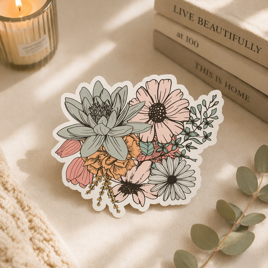 Cute floral daisy sticker displayed on neutral aesthetic background with soft lighting