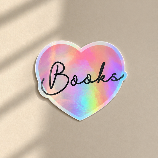 Heart-shaped sticker with 'Books' text on a beige background