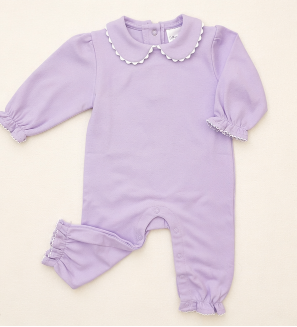 Lavender personalized baby romper with scalloped collar and long sleeves on ivory background