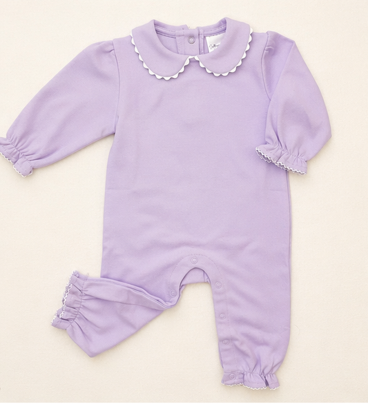 Lavender personalized baby romper with scalloped collar and long sleeves on ivory background