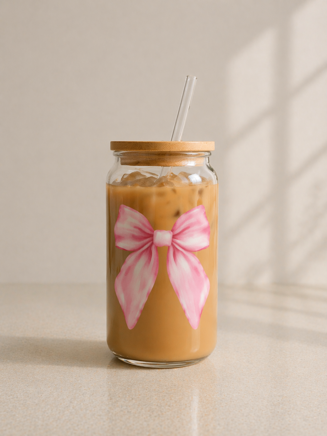 beige background with full iced coffee cup and pink bow design