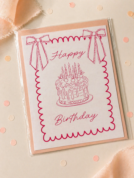 Birthday card with a cake illustration and 'Happy Birthday' text on a beige background.